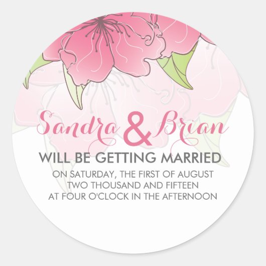 Pastel Roze & White Floral Weddenschap Design Ronde Sticker (Voorkant)