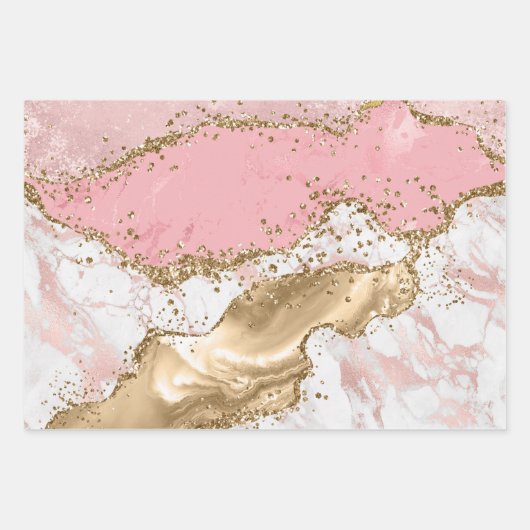 Pastel Roze & White & Gold Glitter Agate Inpakpapier Vel (Voorkant)
