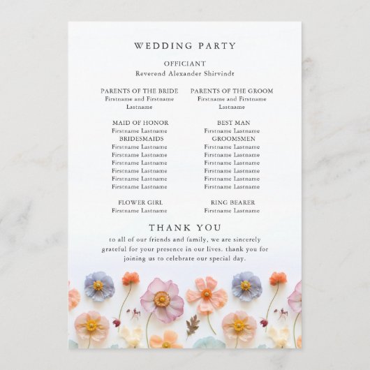 Pastel roze wilde bloemen huwelijksceremonie programmakaart (Achterkant)