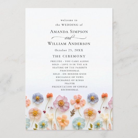 Pastel roze wilde bloemen huwelijksceremonie programmakaart (Voorkant)