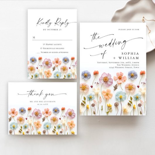 Pastel roze wilde bloemen huwelijksceremonie programmakaart