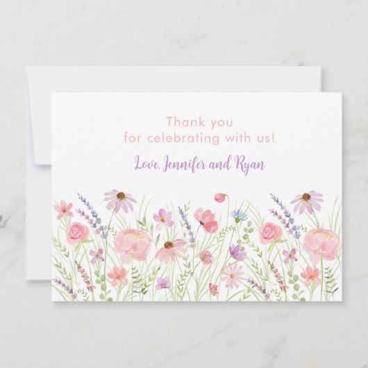 Pastel roze Wildflower Meadow Baby shower Bedankkaart (Voorkant)