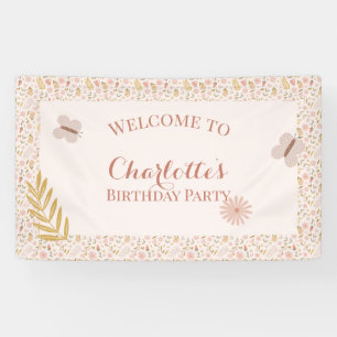 Pastel Roze Wildflowers met Vlinders Spandoek