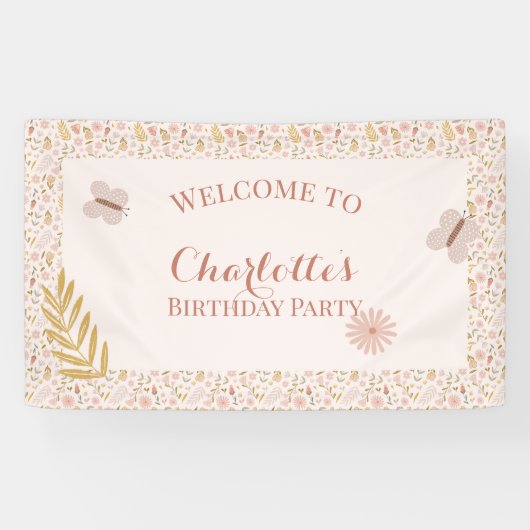 Pastel Roze Wildflowers met Vlinders Spandoek (Horizontaal)
