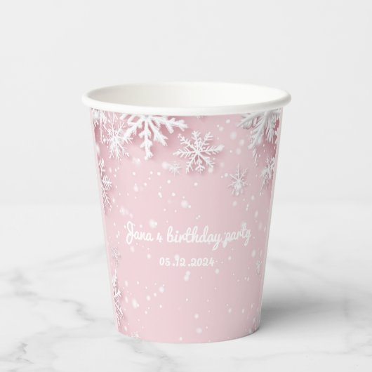 Pastel Roze Winter Wonderland Sneeuwvlok Papieren Bekers (Achterkant)