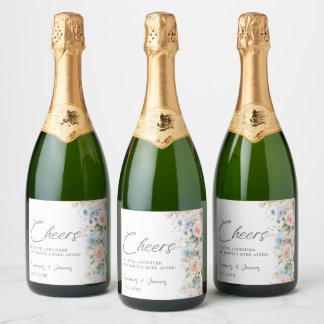 Pastel Roze Wit Blauwe Bloemige Proost Trouw Sparkling Wijnetiket