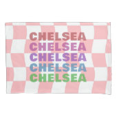 Pastel Roze Wit Checkerboard Naam Typografie Kussensloop (Voorkant-Links)