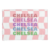 Pastel Roze Wit Checkerboard Naam Typografie Kussensloop (Voorkant-Rechts)