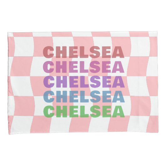 Pastel Roze Wit Checkerboard Naam Typografie Kussensloop (Voorkant-Rechts)