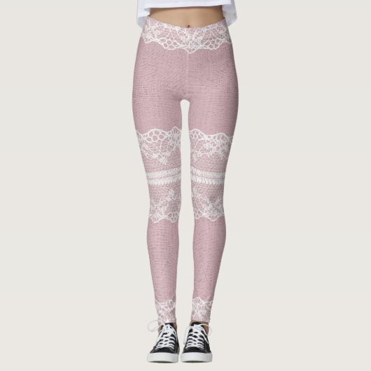 Pastel Roze Wit Kant Textuur Leggings (Voorkant)