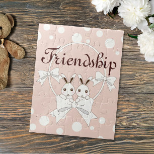 Pastel Roze Wit Lint Cute Tweeling Konijn Kinderen Legpuzzel