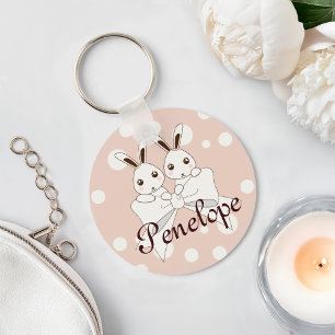 Pastel Roze Wit Lint Cute Tweeling Konijn Sleutelhanger