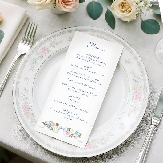 Pastel Roze, Witte en Blauwe Rozen & Lint Menu