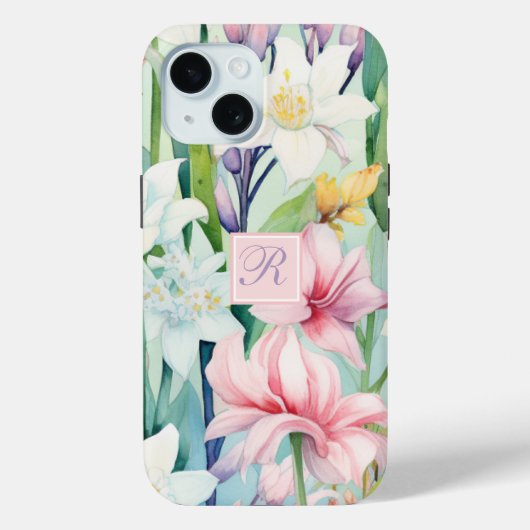  pastel roze & witte lentebloem monogram Case-Mate iPhone case (Achterkant)