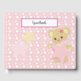 PASTEL ROZE & WITTE STERREN & TAN TEDDYBEER GASTENBOEK