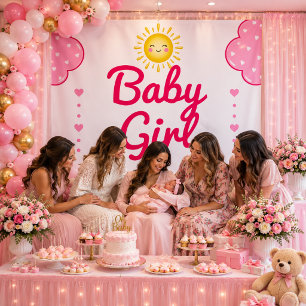 Pastel Roze Wolken Zonneschijn Meisje Baby Shower Wandkleed