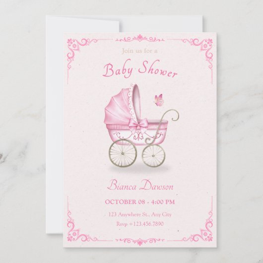 Pastel roze zacht baby kinderwagen baby shower kaart (Voorkant)