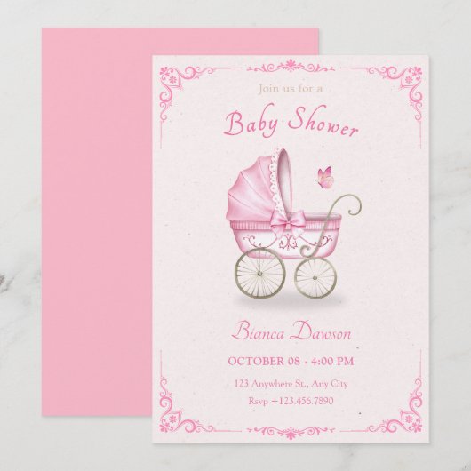 Pastel roze zacht baby kinderwagen baby shower kaart (Voorkant / Achterkant)
