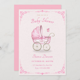 Pastel roze zacht baby kinderwagen baby shower kaart