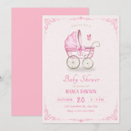Pastel roze zacht baby kinderwagen baby shower kaart