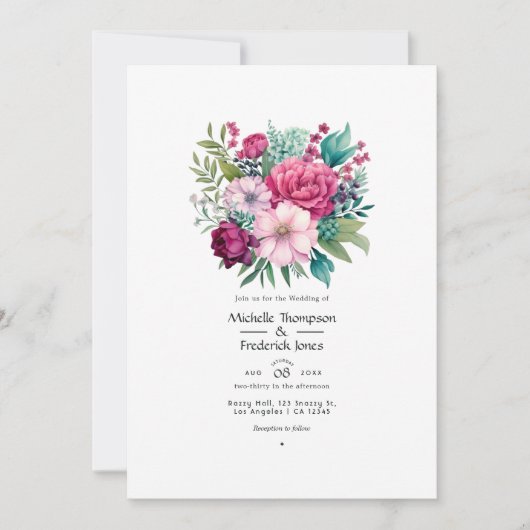 Pastel Roze, Zee Groen en Merlot Zomerbruiloft Kaart (Voorkant)