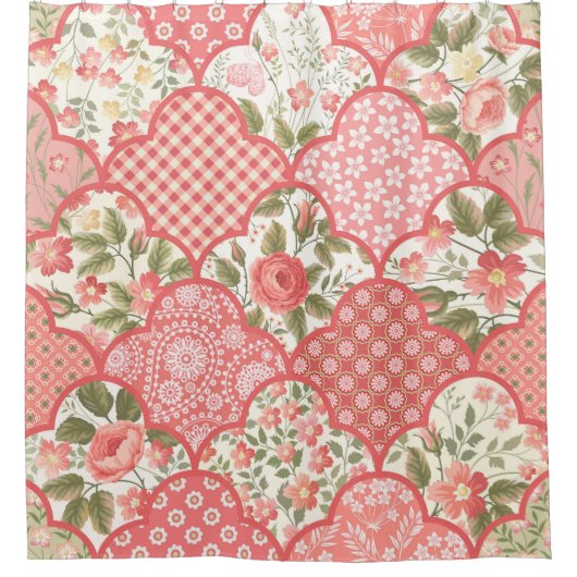 Pastel Rozen Bloemen Patchwork Patroon Douchegordijn (Voorkant)