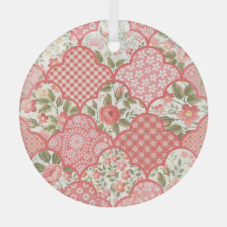 Pastel Rozen Bloemen Patchwork Patroon Glas Ornament