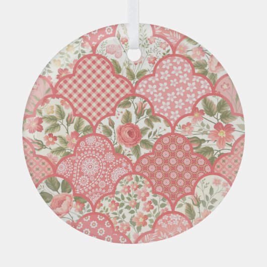 Pastel Rozen Bloemen Patchwork Patroon Glas Ornament (Voorkant)