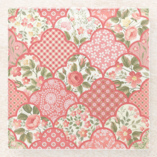 Pastel Rozen Bloemen Patchwork Patroon Glazen Onderzetter