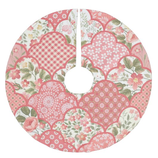 Pastel Rozen Bloemen Patchwork Patroon Kerstboom Rok (Voorkant)