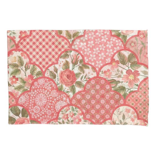 Pastel Rozen Bloemen Patchwork Patroon Kussensloop (Voorkant)