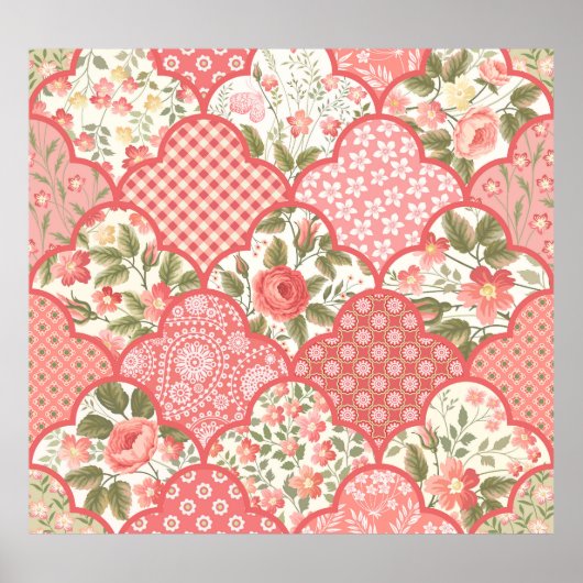 Pastel Rozen Bloemen Patchwork Patroon Poster (Voorkant)