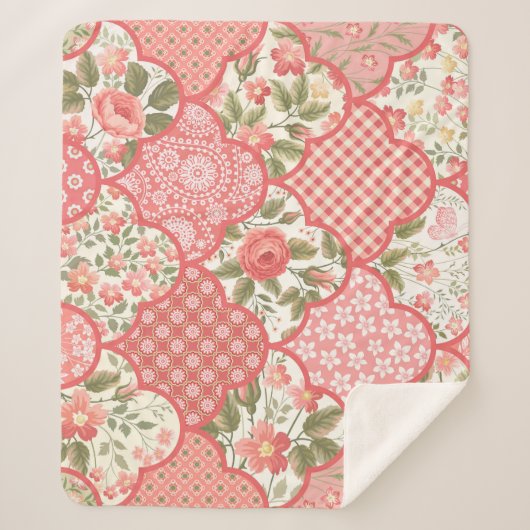 Pastel Rozen Bloemen Patchwork Patroon Sherpa Deken (Voorkant)