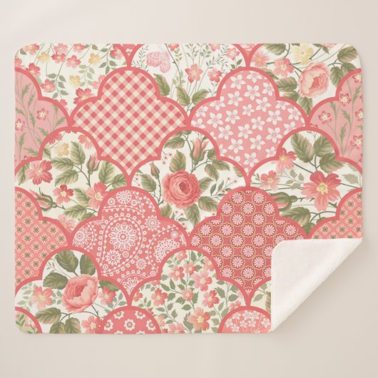 Pastel Rozen Bloemen Patchwork Patroon Sherpa Deken (Voorkant (horizontaal))