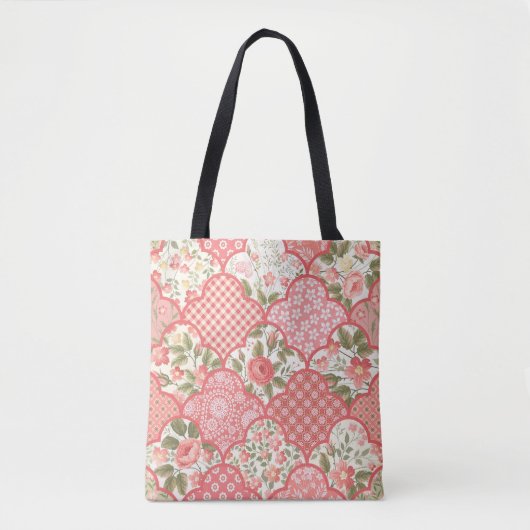 Pastel Rozen Bloemen Patchwork Patroon Tote Bag (Voorkant)