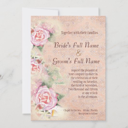 Pastel Rozen & Calla Lilies Bruiloft Uitnodiging (Voorkant)