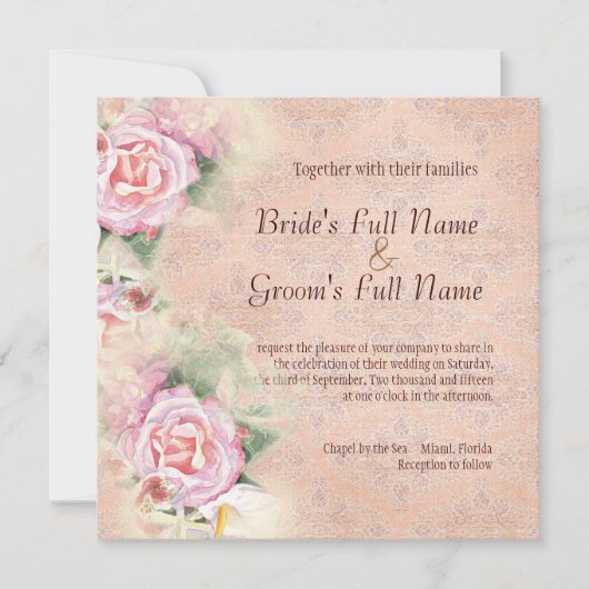 Pastel Rozen & Calla Lilies Bruiloft Uitnodiging (Voorkant)