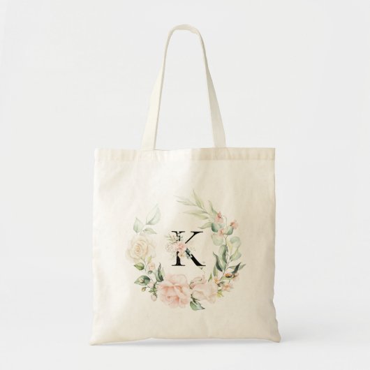 Pastel rozen krans op maat bloemenmonogram tote bag (Voorkant)