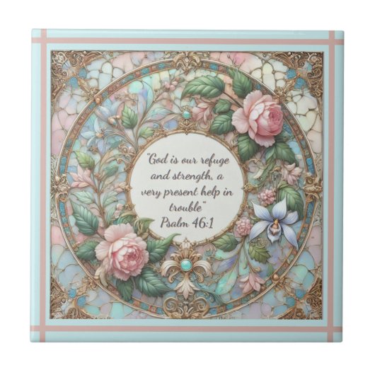 Pastel Rozentuin Roos Omlijnd Frame Lichtblauwe A Tegeltje (Voorkant)
