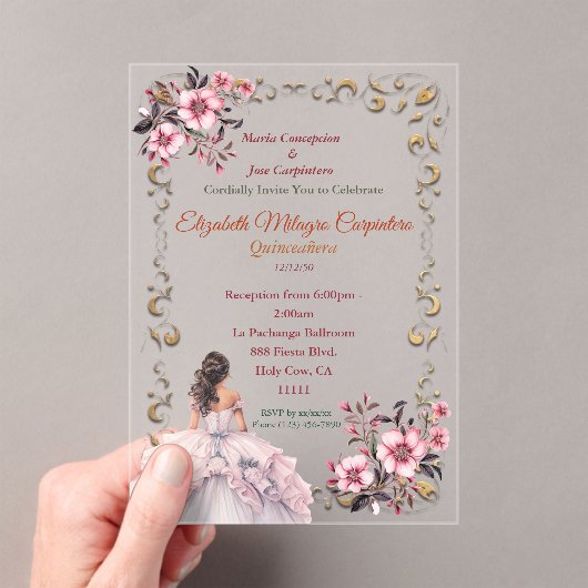 Pastel Rozenwater Blozend Roze Quinceañera Acryl Uitnodigingen (Insitu (Draagbaar))