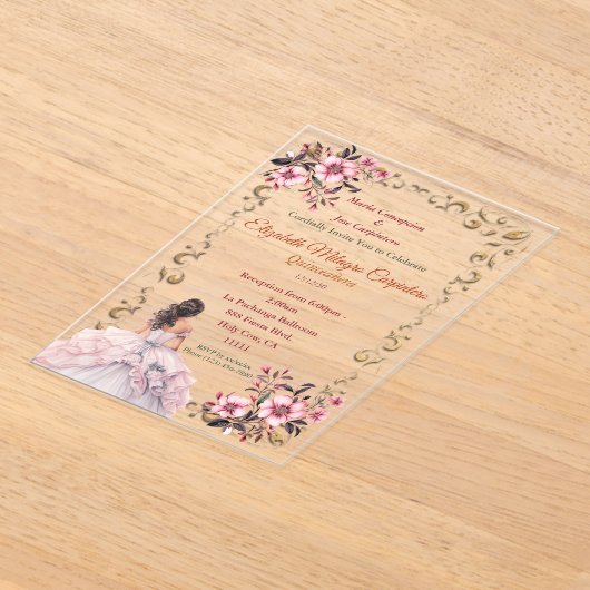 Pastel Rozenwater Blozend Roze Quinceañera Acryl Uitnodigingen (Laagn)