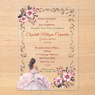Pastel Rozenwater Blozend Roze Quinceañera Acryl Uitnodigingen
