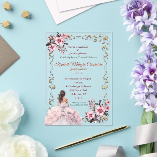 Pastel Rozenwater Blozend Roze Quinceañera Acryl Uitnodigingen (Insitu (Huwelijk))