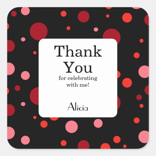 Pastel Ruby Cranberry Polka Dot Black Dank u Vierkante Sticker (Voorkant)