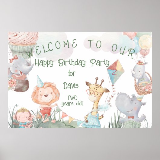Pastel Safari Animals gepersonaliseerde Birthday P Poster (Voorkant)
