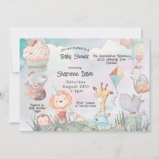 Pastel Safari Dieren Gepersonaliseerd Baby shower Kaart (Voorkant)