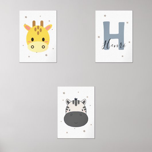 Pastel Safari Nursery Wall Art Set Giraffe Zebra (Voorkant)