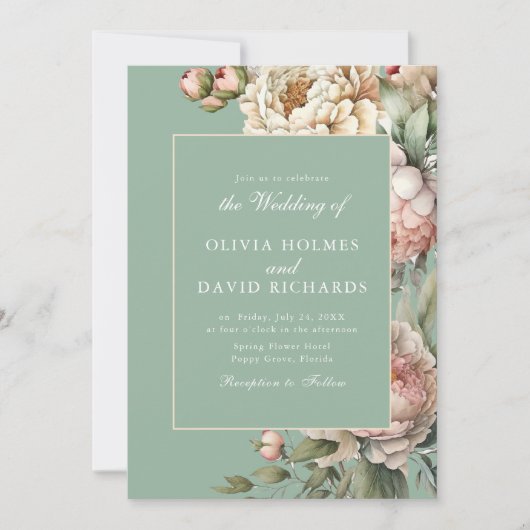 Pastel Sage & Blush Pioen Custom Foto Bruiloft Kaart (Voorkant)