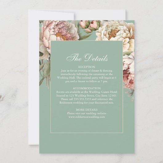 Pastel Sage & Blush Pioenrozen Bruiloft Details Ka Kaart (Voorkant)