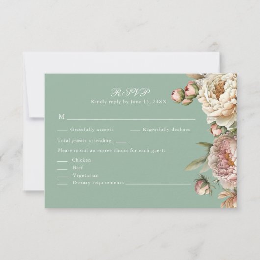 Pastel Sage Green and Blush Pink Peonies RSVP Card (Voorkant)